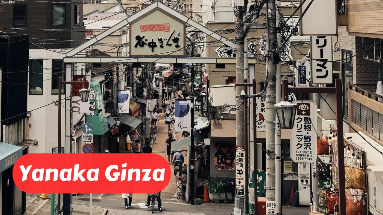 view of yanaka ginza in Tokyo from above the stairs of nippori station