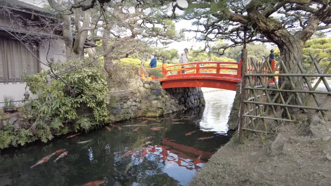 Japanese red bridge in Ritrurin Koen